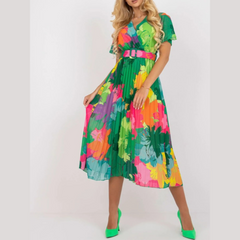 Printed Pleated Midi Wrap Dress with Belt