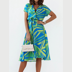 Printed Button Front Midi Dress with Belt