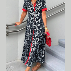 Leopard Print Button-Down Dress with Contrast Trim