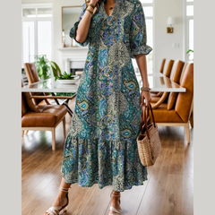 Full Size Bohemian Paisley Print Ruffle Hem Midi Dress Plus Size