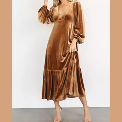 Velvet Tiered Long Sleeve Midi Dress