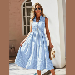 Striped Sleeveless Tiered Midi Dress