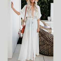 Lace Trim Plunging Beach Cover Up Maxi Dress